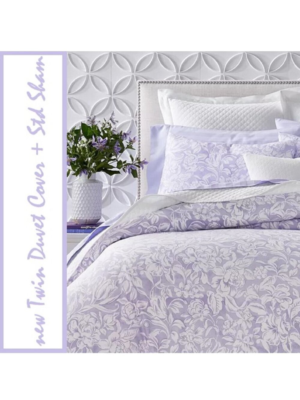 new Charter Club Damask Designs WHITE + LILAC Cotton TWIN Duvet Cover & Sham